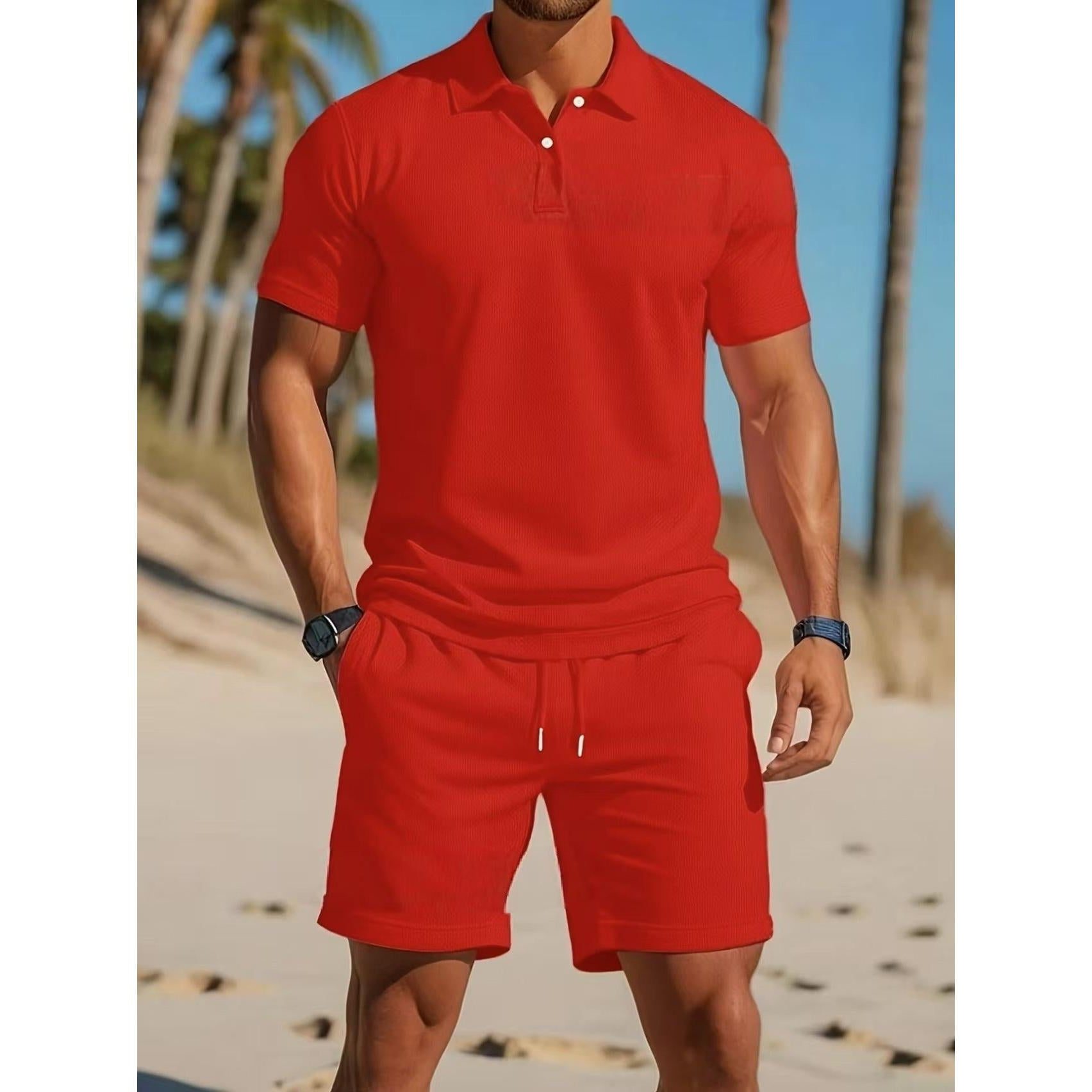 Short Sleeve Polo Drawstring Shorts Set for Men - Red