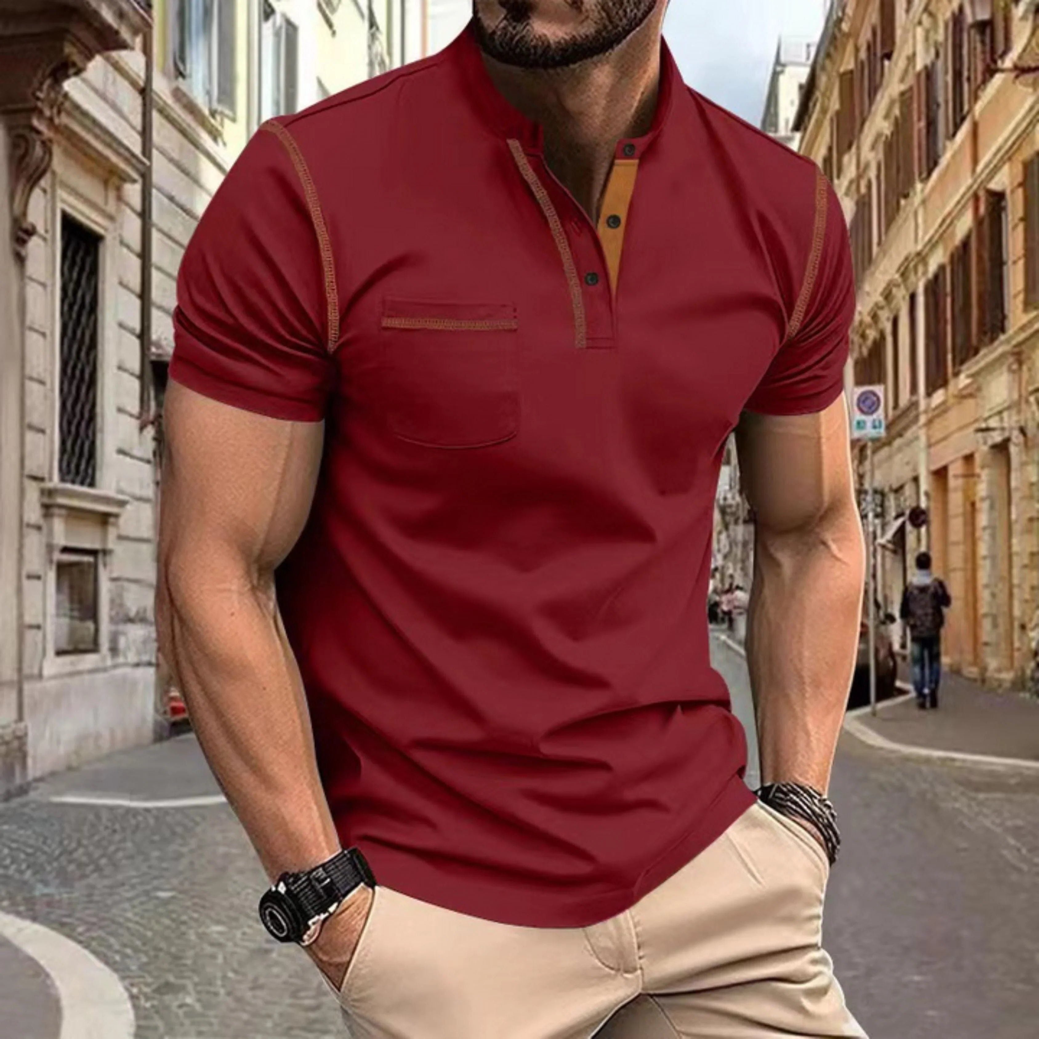 Short Sleeve Polo Shirt with Contrast Stitching for Men - Red
