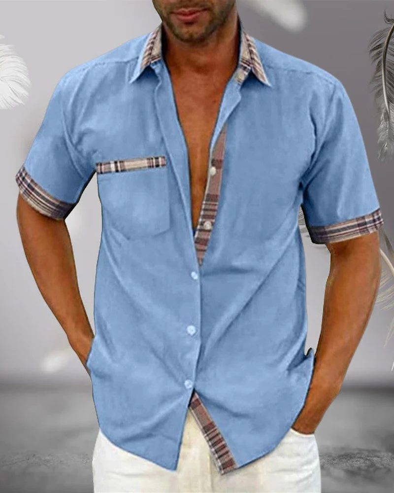 Short Sleeve Stand Collar Button-Down Shirt for Men - Navy