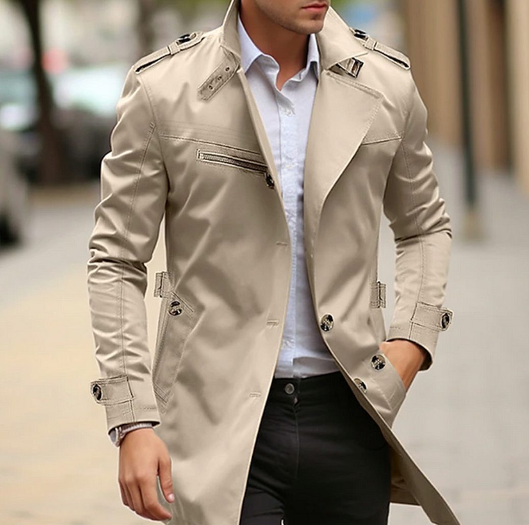 Single-Breasted Long Trench Coat with Epaulettes for Men
