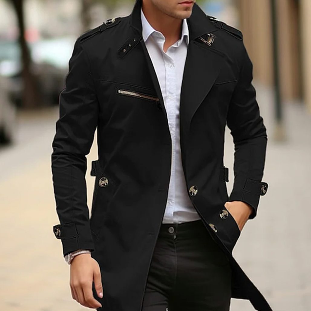 Single-Breasted Long Trench Coat with Epaulettes for Men - Black