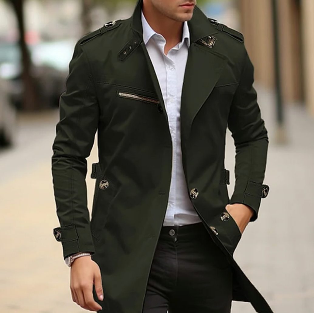 Single-Breasted Long Trench Coat with Epaulettes for Men - Green
