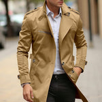 Single-Breasted Long Trench Coat with Epaulettes for Men - Brown