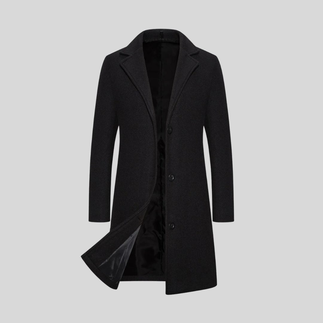 Single-Breasted Long Winter Coat with Lapel Collar for Men - Black