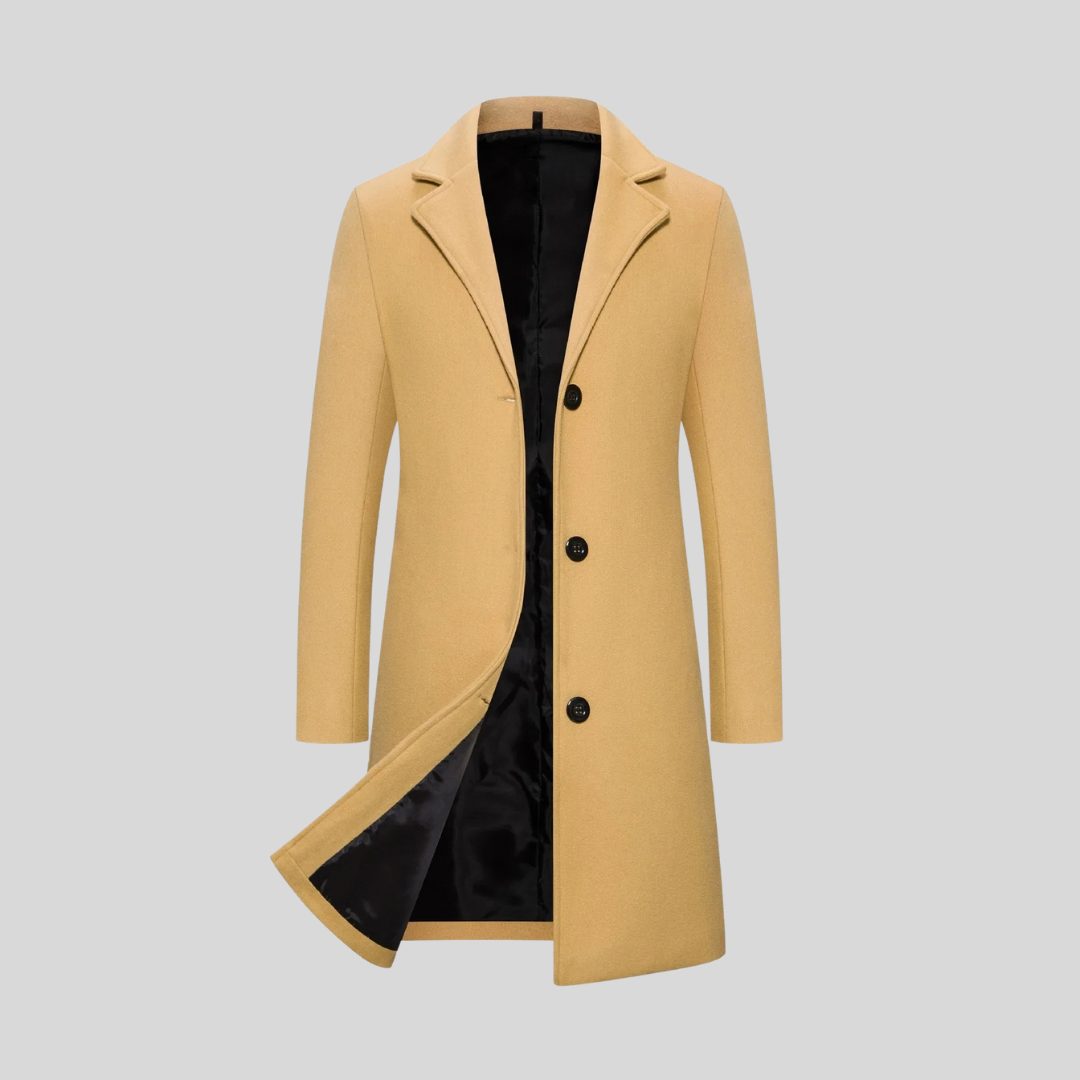 Single-Breasted Long Winter Coat with Lapel Collar for Men - Khaki
