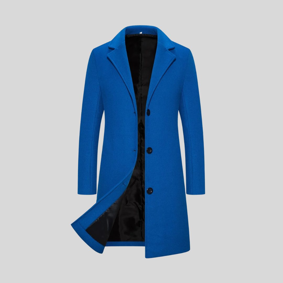 Single-Breasted Long Winter Coat with Lapel Collar for Men - Royal Blue
