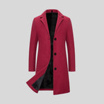 Single-Breasted Long Winter Coat with Lapel Collar for Men - Burgundy