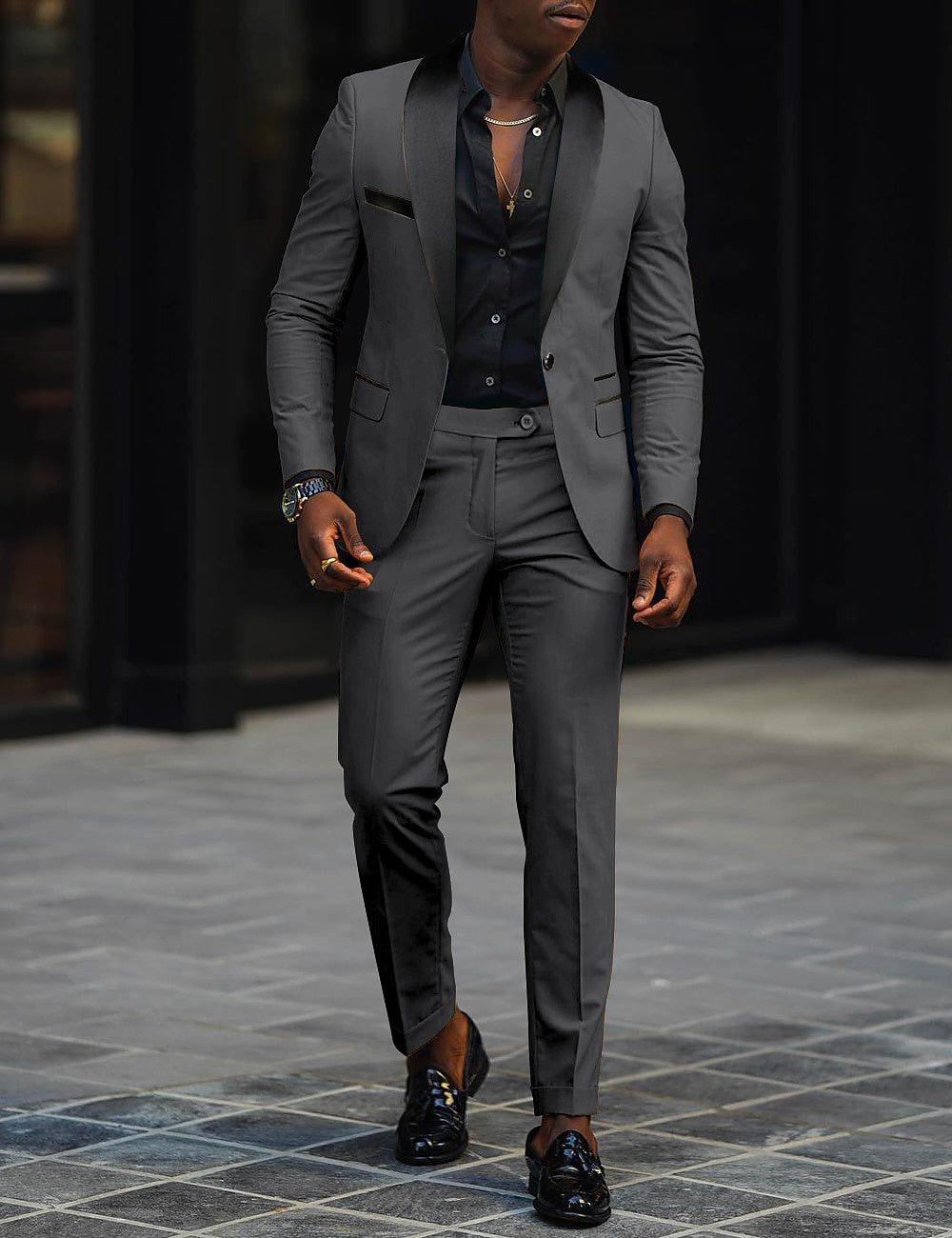 Single-Button Shawl Collar Two-Piece Suit for Men - Dark Gray