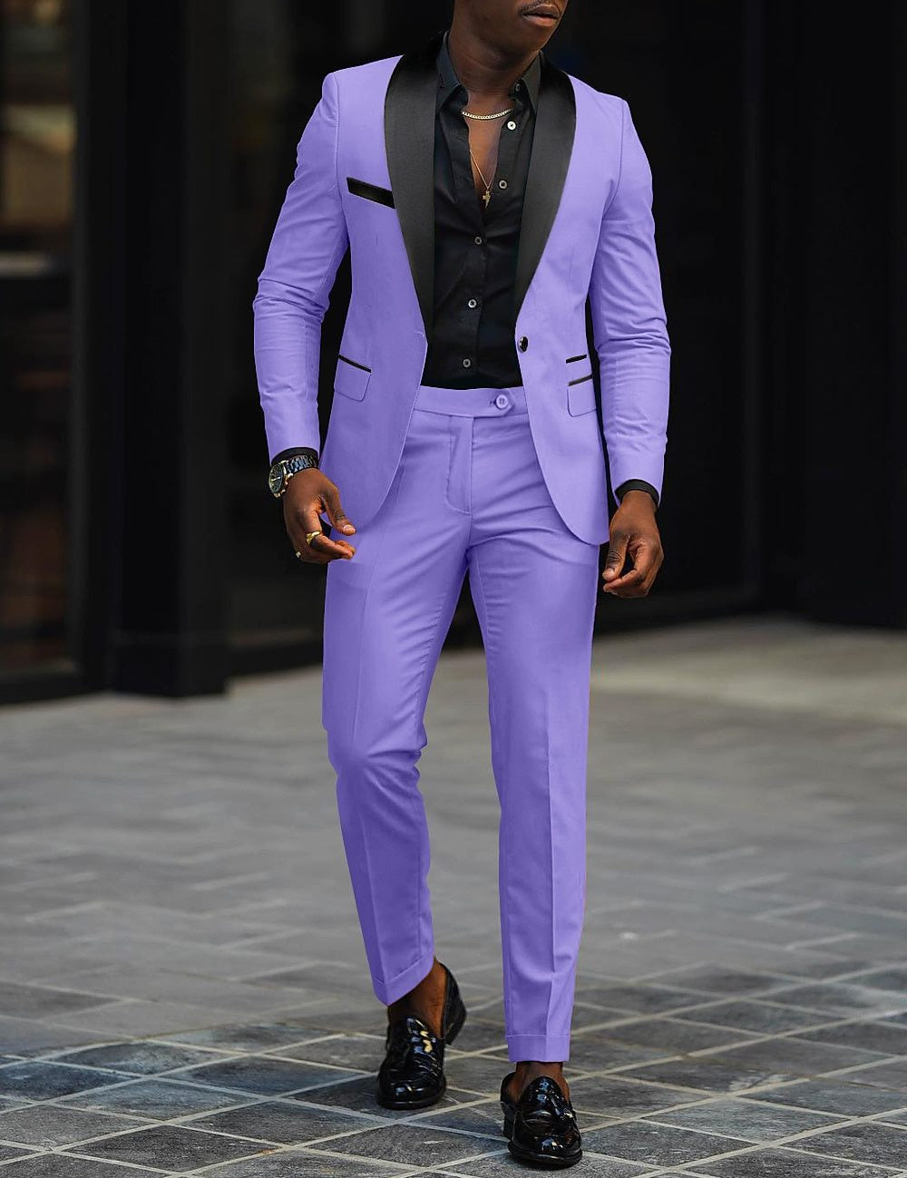 Single-Button Shawl Collar Two-Piece Suit for Men - Lavender