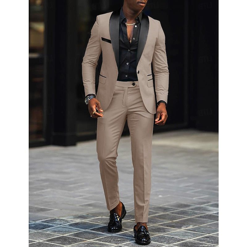 Single-Button Shawl Collar Two-Piece Suit for Men - Beige