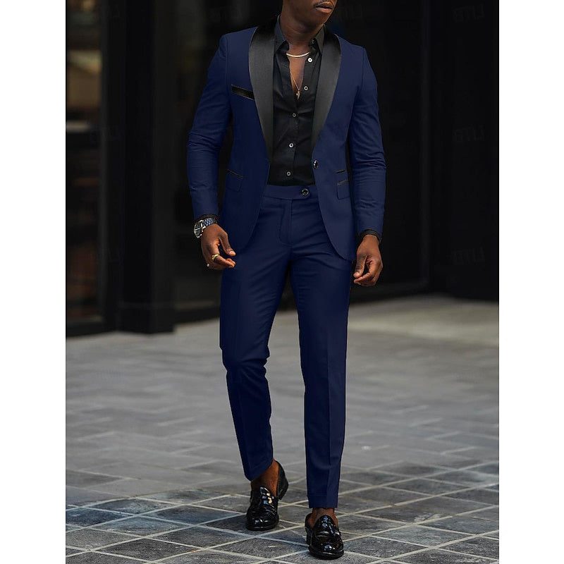 Single-Button Shawl Collar Two-Piece Suit for Men - Navy Blue