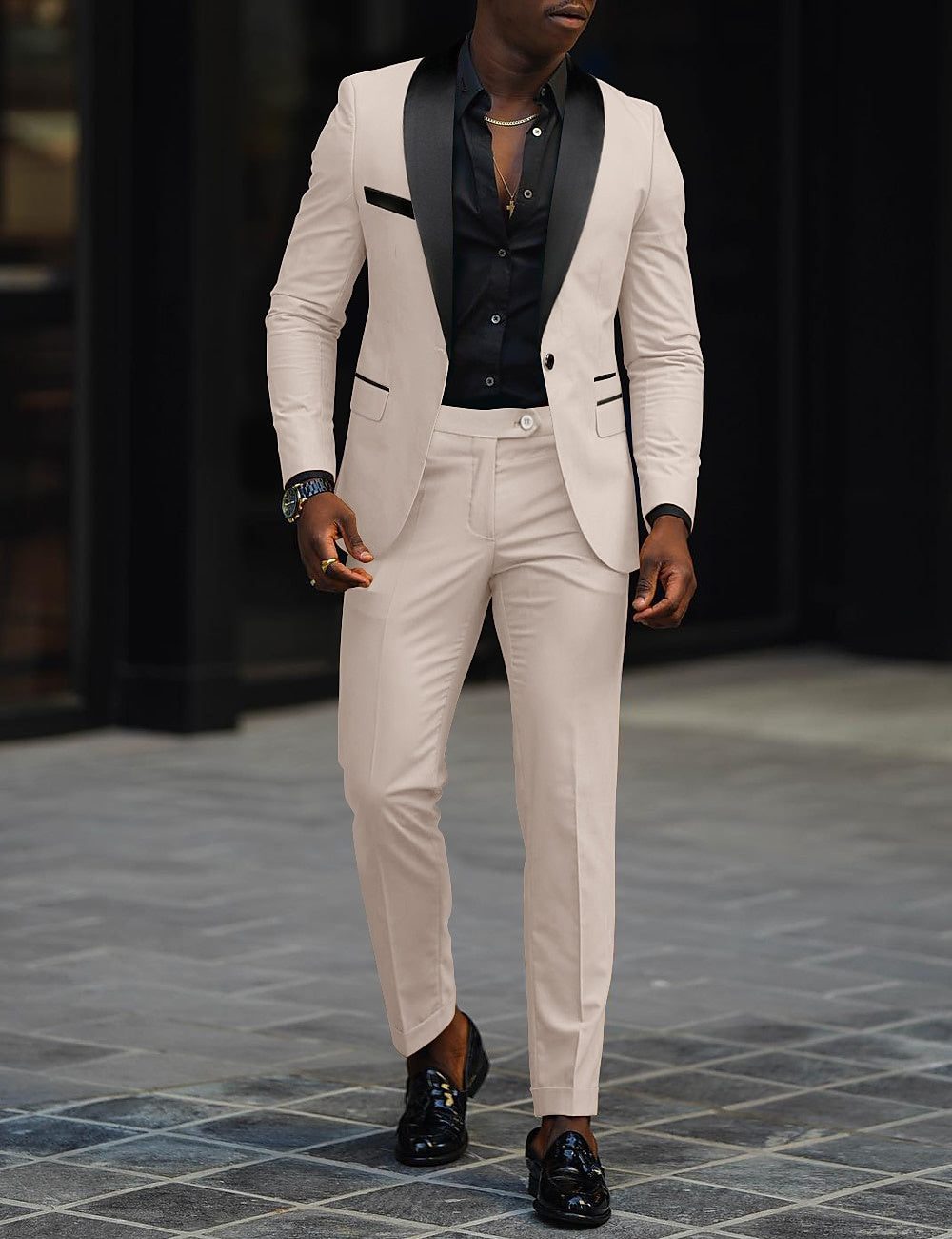 Single-Button Shawl Collar Two-Piece Suit for Men - White