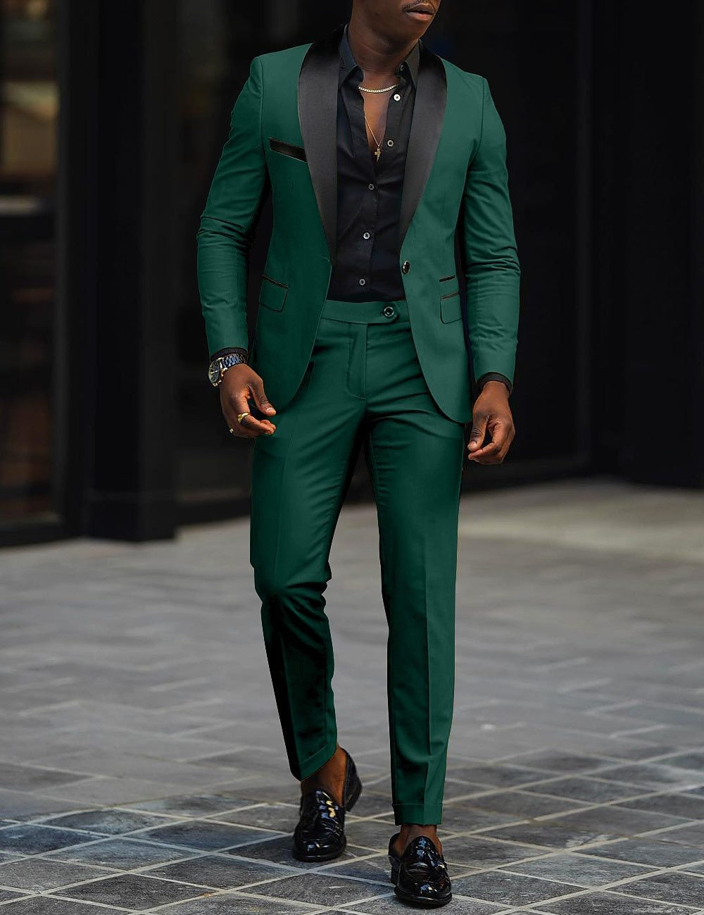 Single-Button Shawl Collar Two-Piece Suit for Men - Green