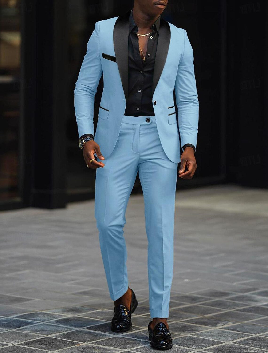 Single-Button Shawl Collar Two-Piece Suit for Men - Sky Blue