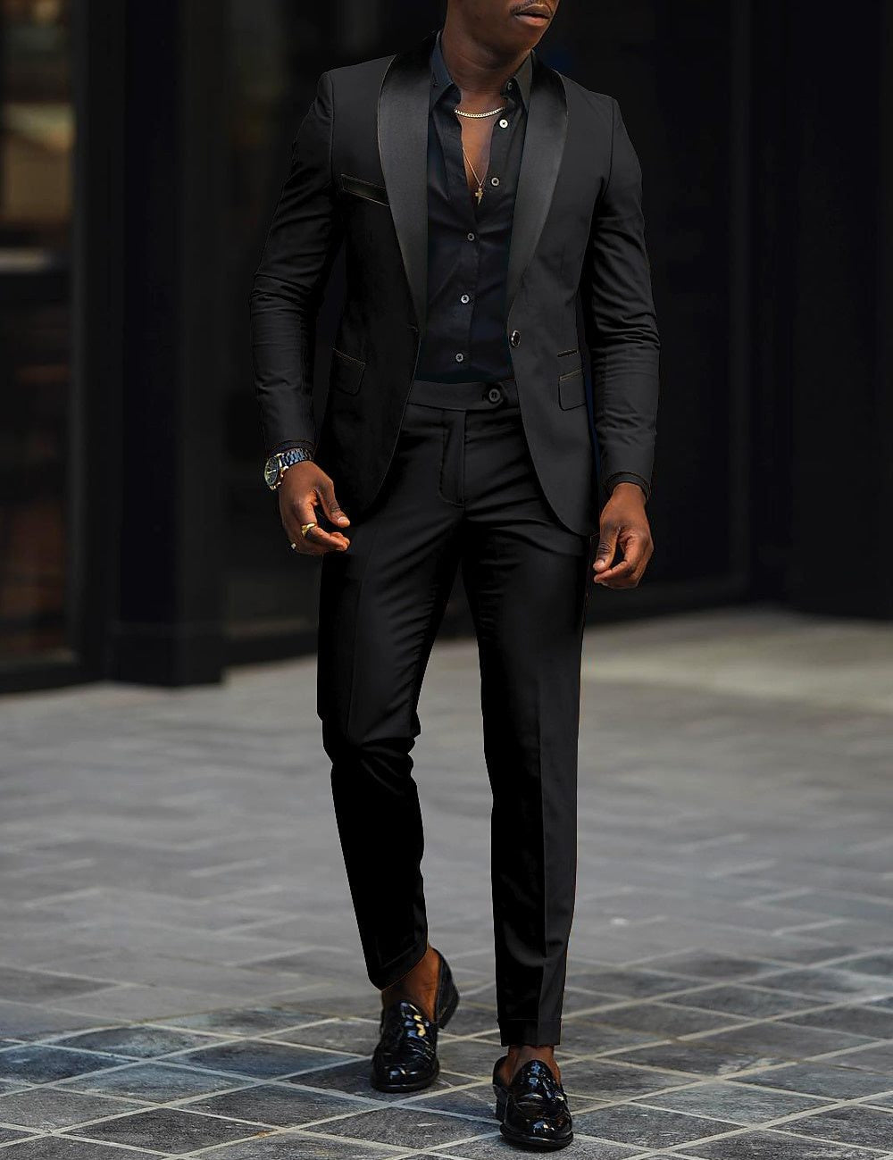 Single-Button Shawl Collar Two-Piece Suit for Men - Black