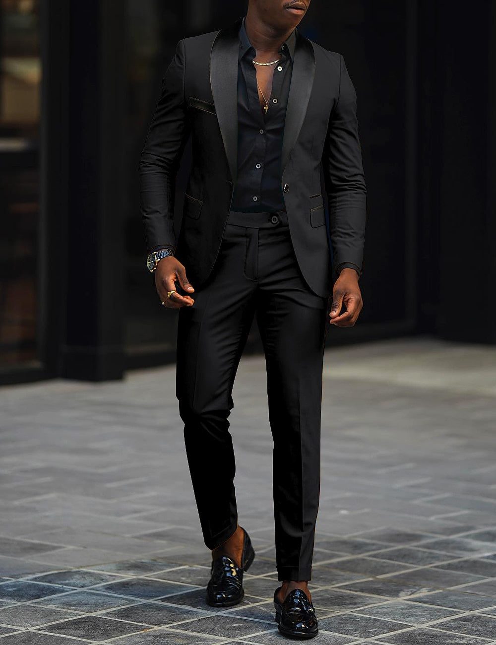 Single-Button Shawl Collar Two-Piece Suit for Men - Black