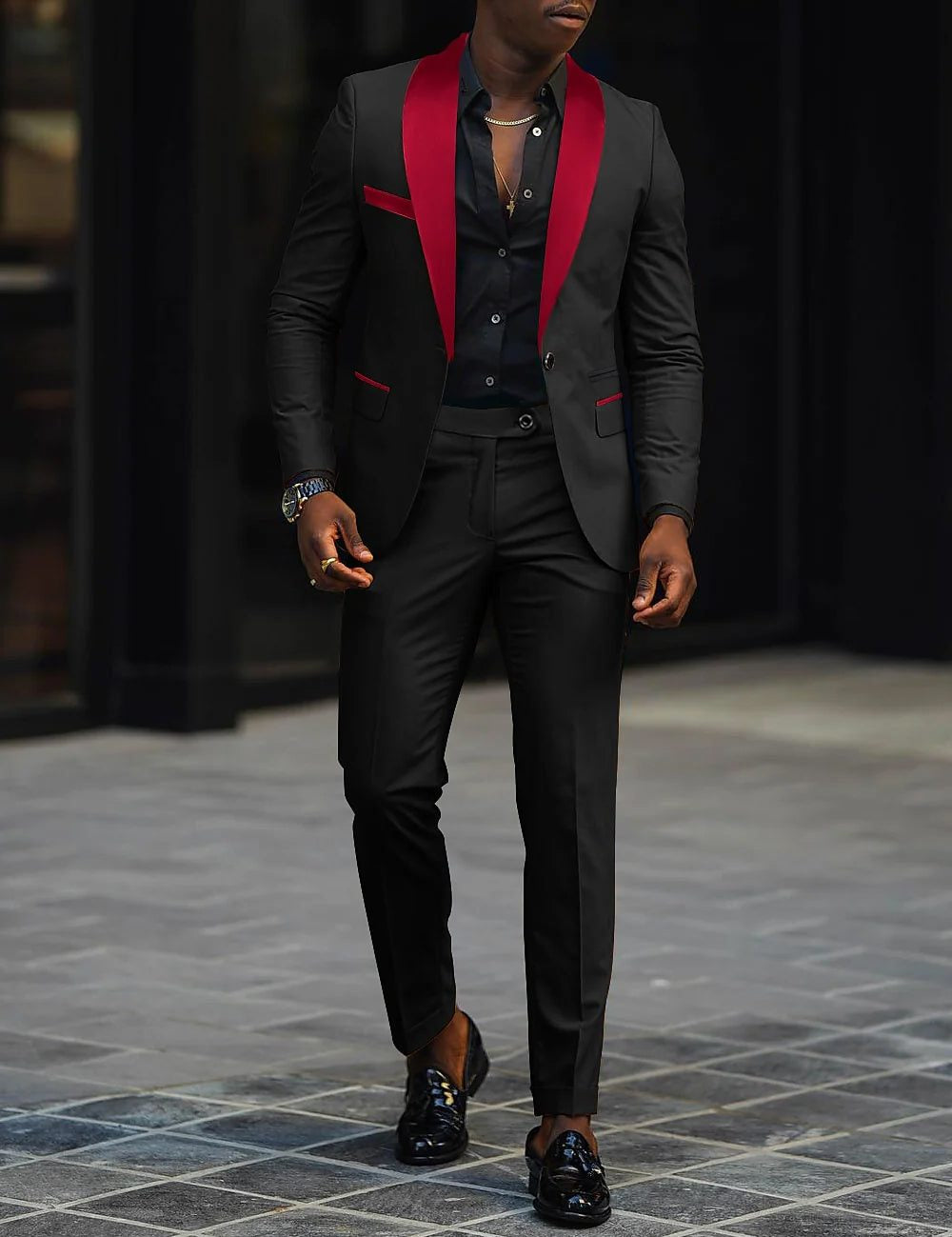 Single-Button Shawl Collar Two-Piece Suit for Men - Red