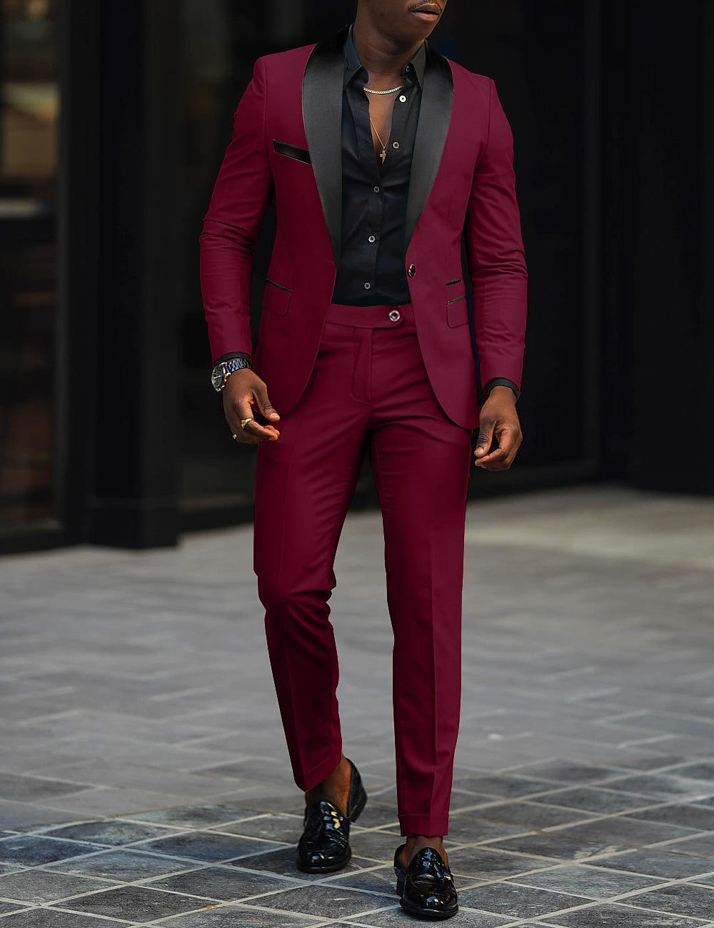 Single-Button Shawl Collar Two-Piece Suit for Men - Burgundy
