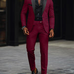 Single-Button Shawl Collar Two-Piece Suit for Men - Burgundy