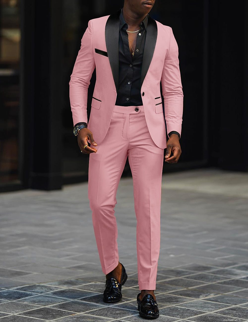 Single-Button Shawl Collar Two-Piece Suit for Men - Pink