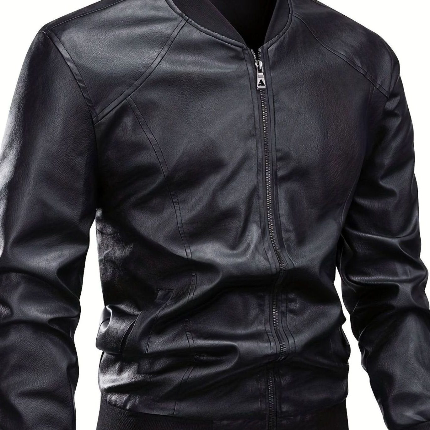 Slim Fit Faux Leather Bomber Jacket for Men - Black