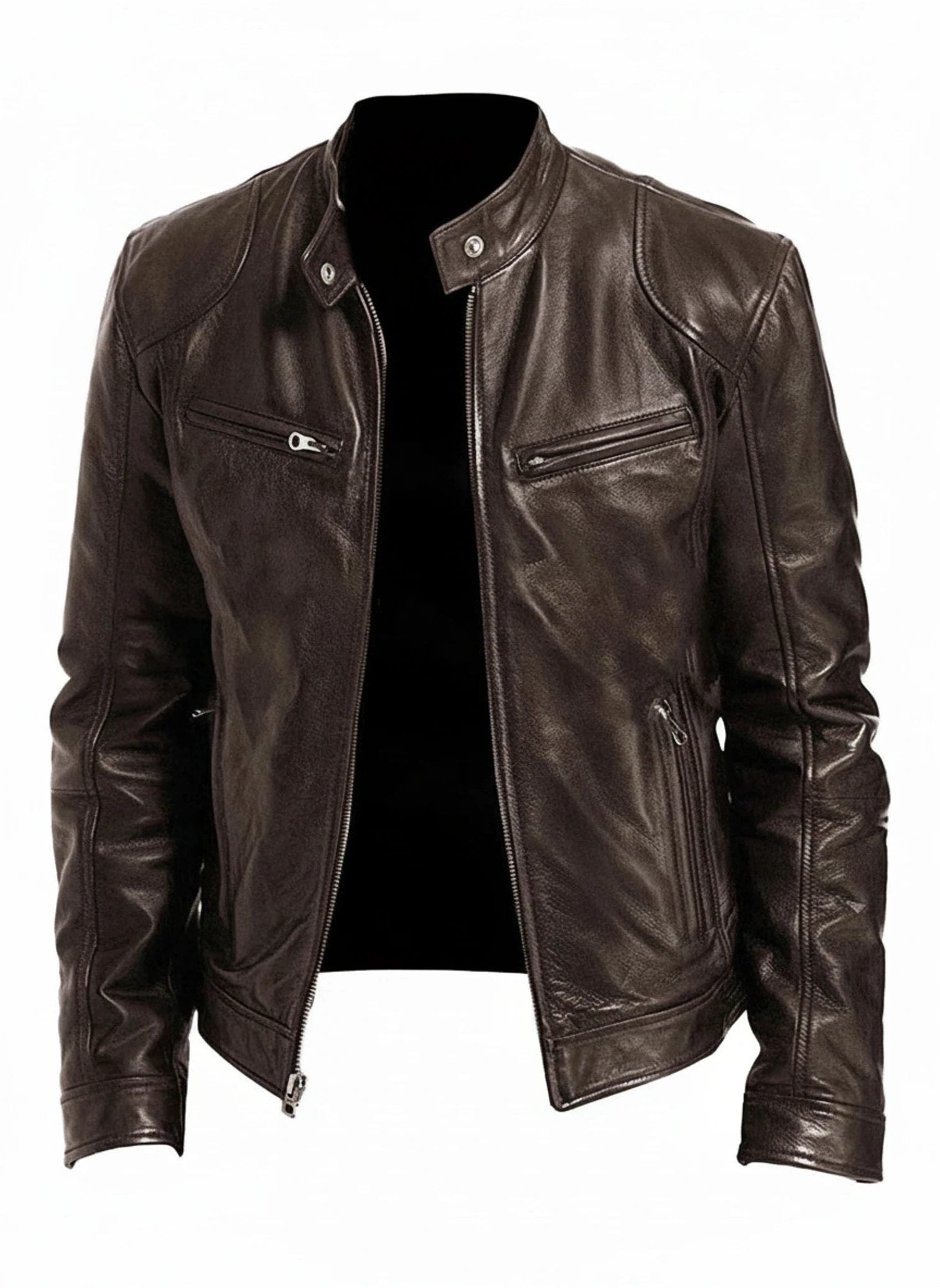 Slim Fit Leather Racer Jacket with Stand Collar for Men
