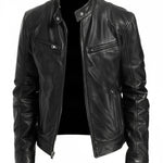 Slim Fit Leather Racer Jacket with Stand Collar for Men - Black