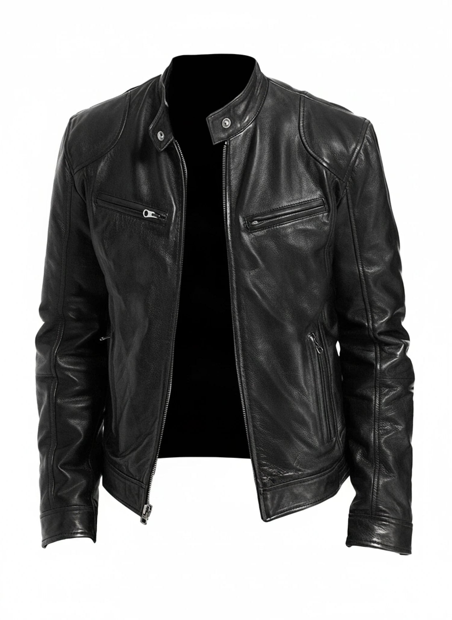Slim Fit Leather Racer Jacket with Stand Collar for Men - Black