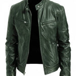 Slim Fit Leather Racer Jacket with Stand Collar for Men - Green