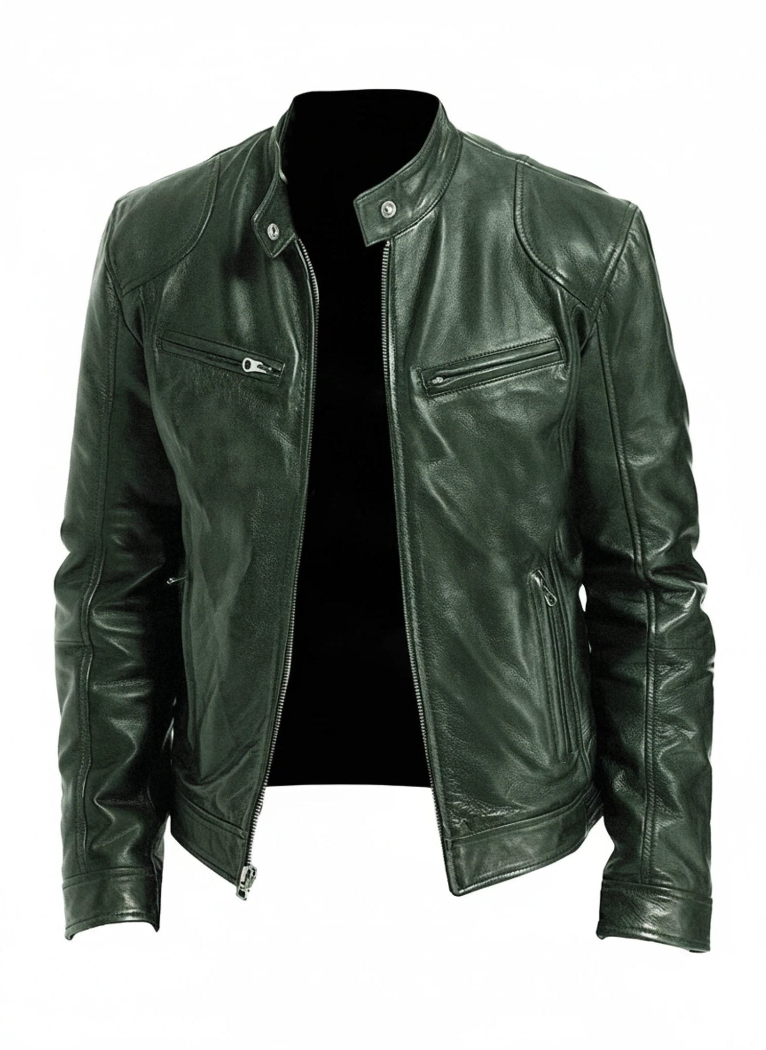 Slim Fit Leather Racer Jacket with Stand Collar for Men - Green