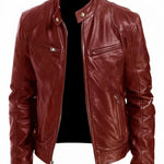 Slim Fit Leather Racer Jacket with Stand Collar for Men - Red