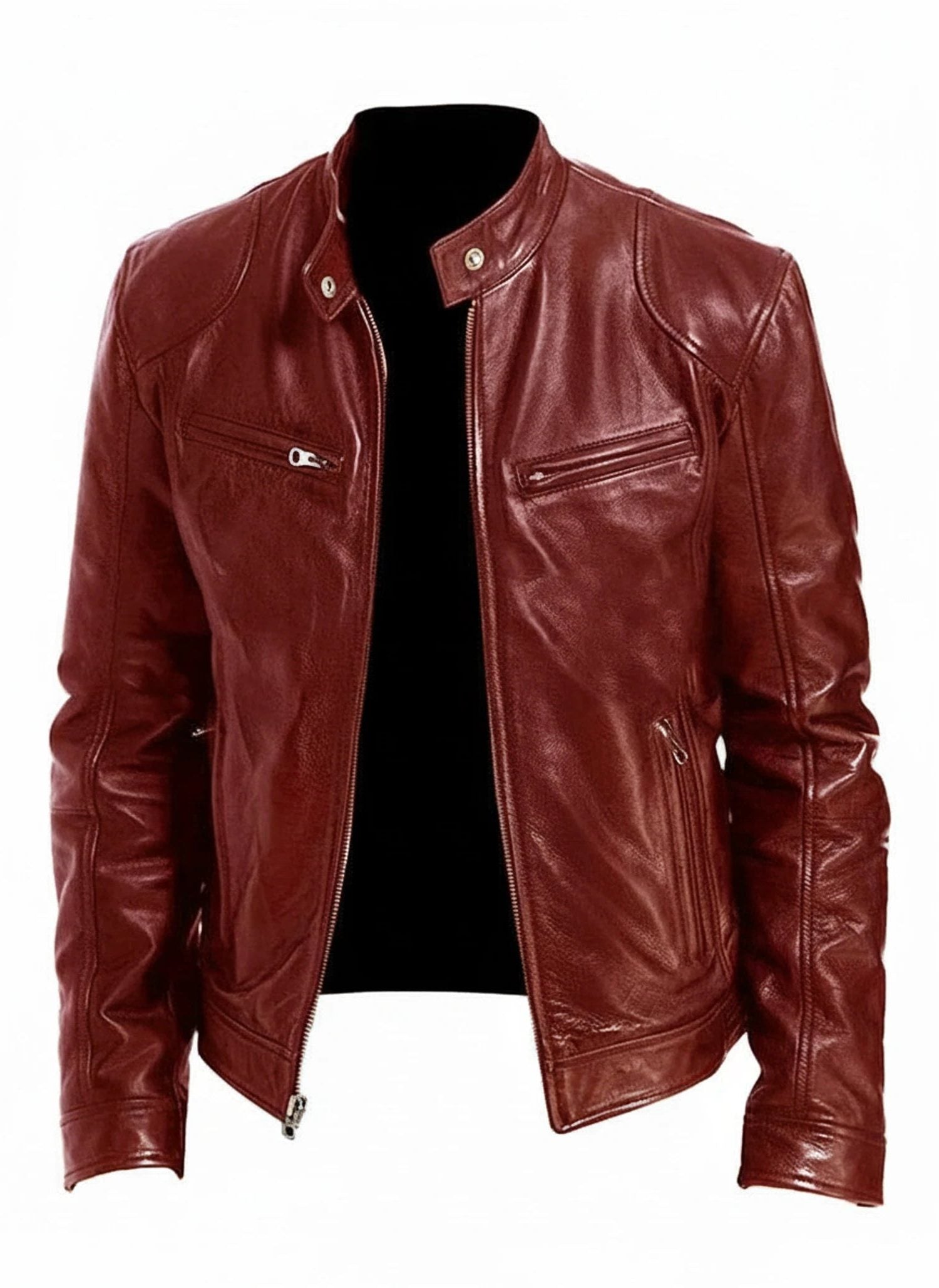 Slim Fit Leather Racer Jacket with Stand Collar for Men - Red