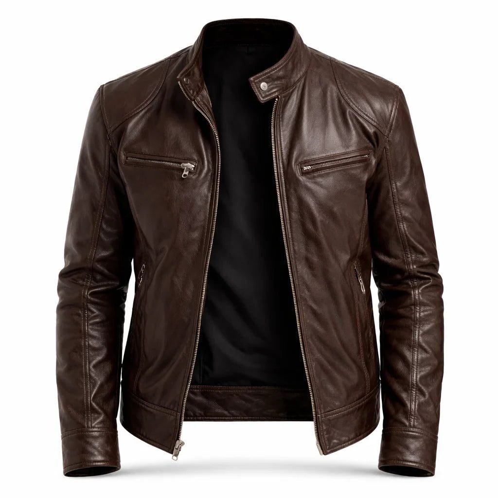 Slim Fit Stand Collar Biker Leather Jacket with Zip Pockets for Men