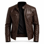 Slim Fit Stand Collar Biker Leather Jacket with Zip Pockets for Men