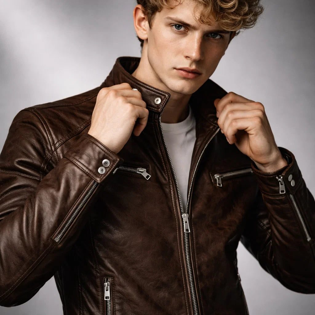 Slim Fit Stand Collar Biker Leather Jacket with Zip Pockets for Men - View 9
