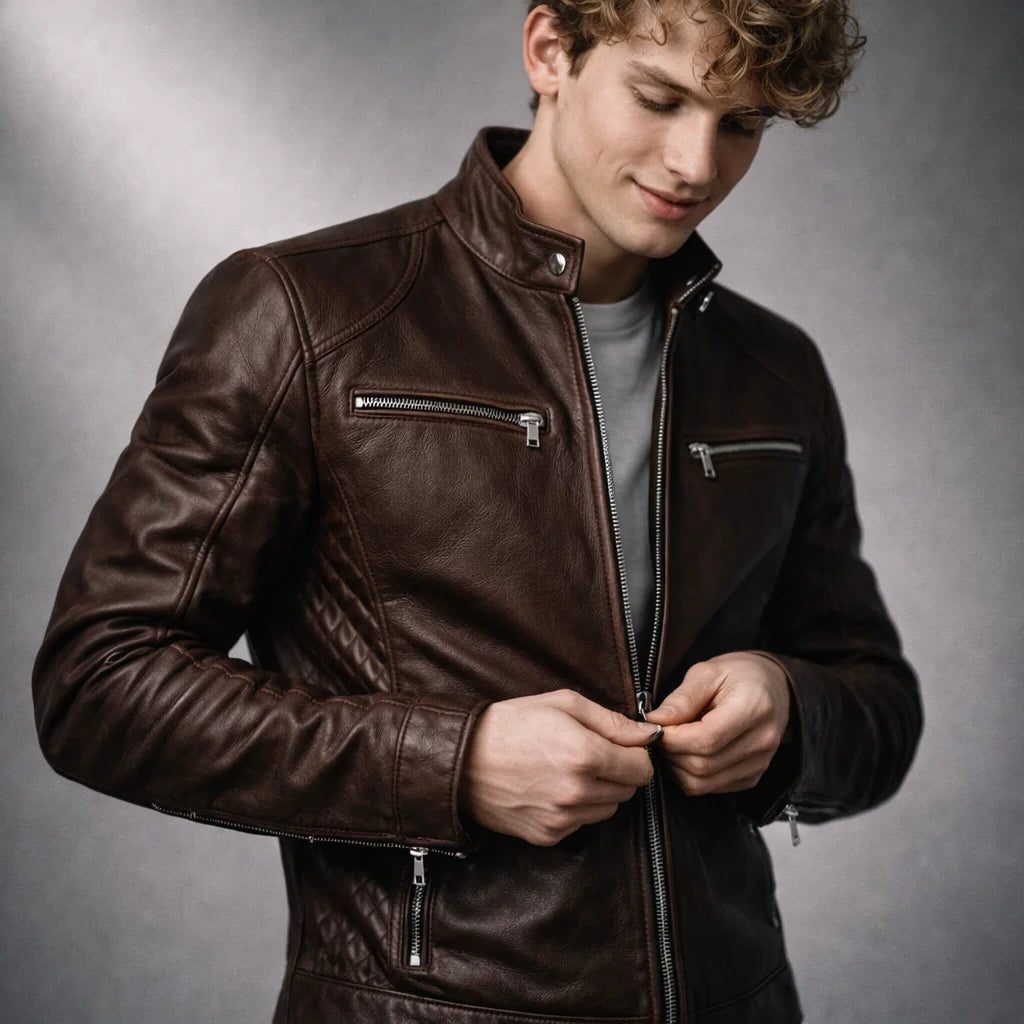 Slim Fit Stand Collar Biker Leather Jacket with Zip Pockets for Men - View 10
