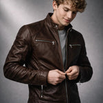 Slim Fit Stand Collar Biker Leather Jacket with Zip Pockets for Men - View 10