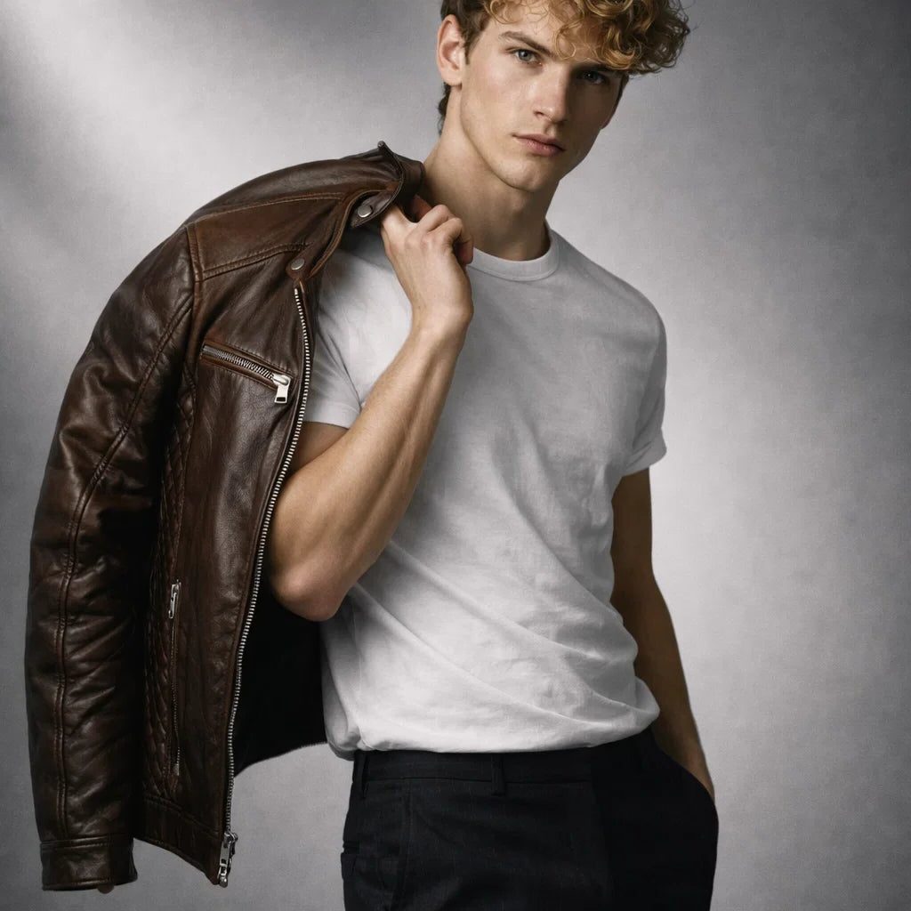Slim Fit Stand Collar Biker Leather Jacket with Zip Pockets for Men - View 11