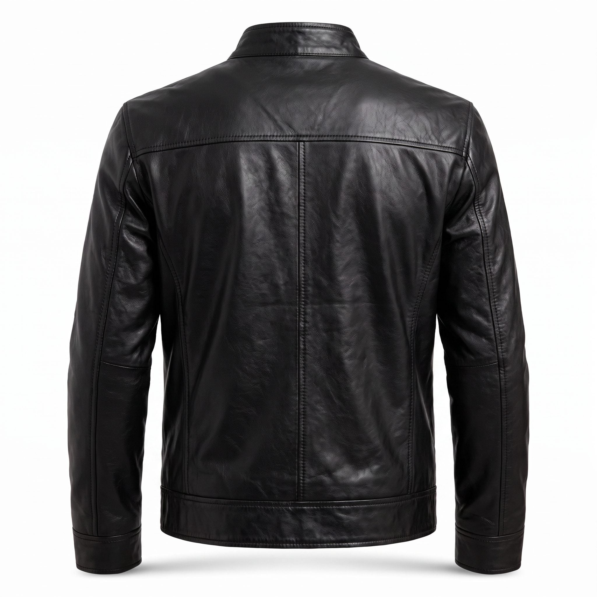Slim Fit Stand Collar Biker Leather Jacket with Zip Pockets for Men - View 13