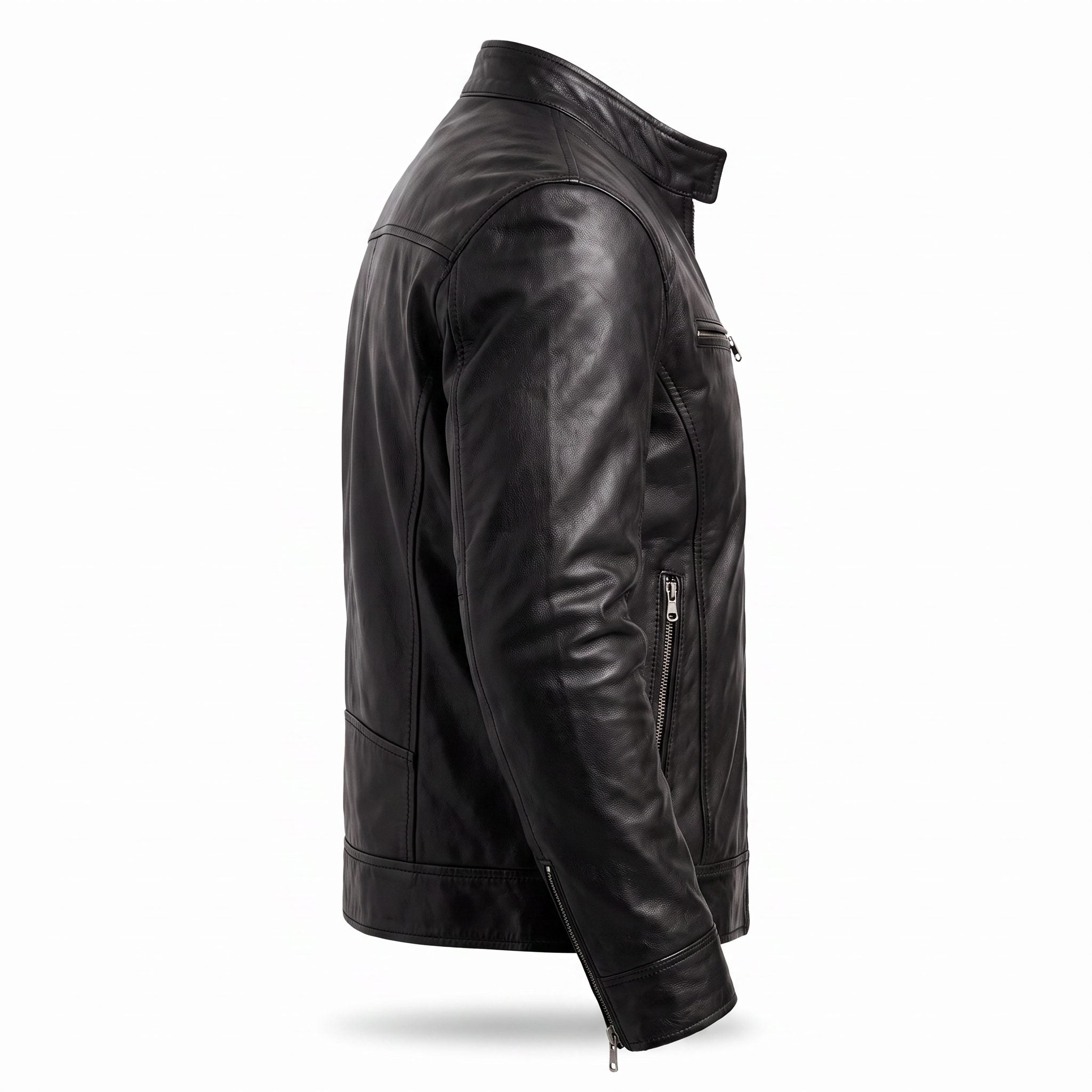 Slim Fit Stand Collar Biker Leather Jacket with Zip Pockets for Men - View 14