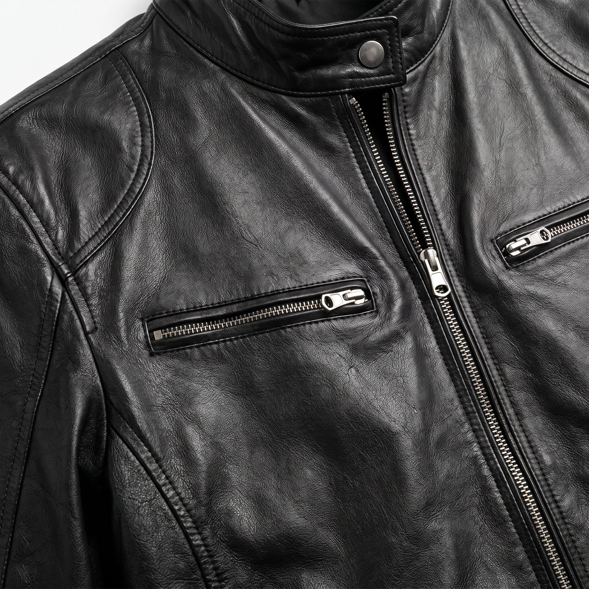 Slim Fit Stand Collar Biker Leather Jacket with Zip Pockets for Men - View 15
