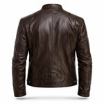 Slim Fit Stand Collar Biker Leather Jacket with Zip Pockets for Men - View 17