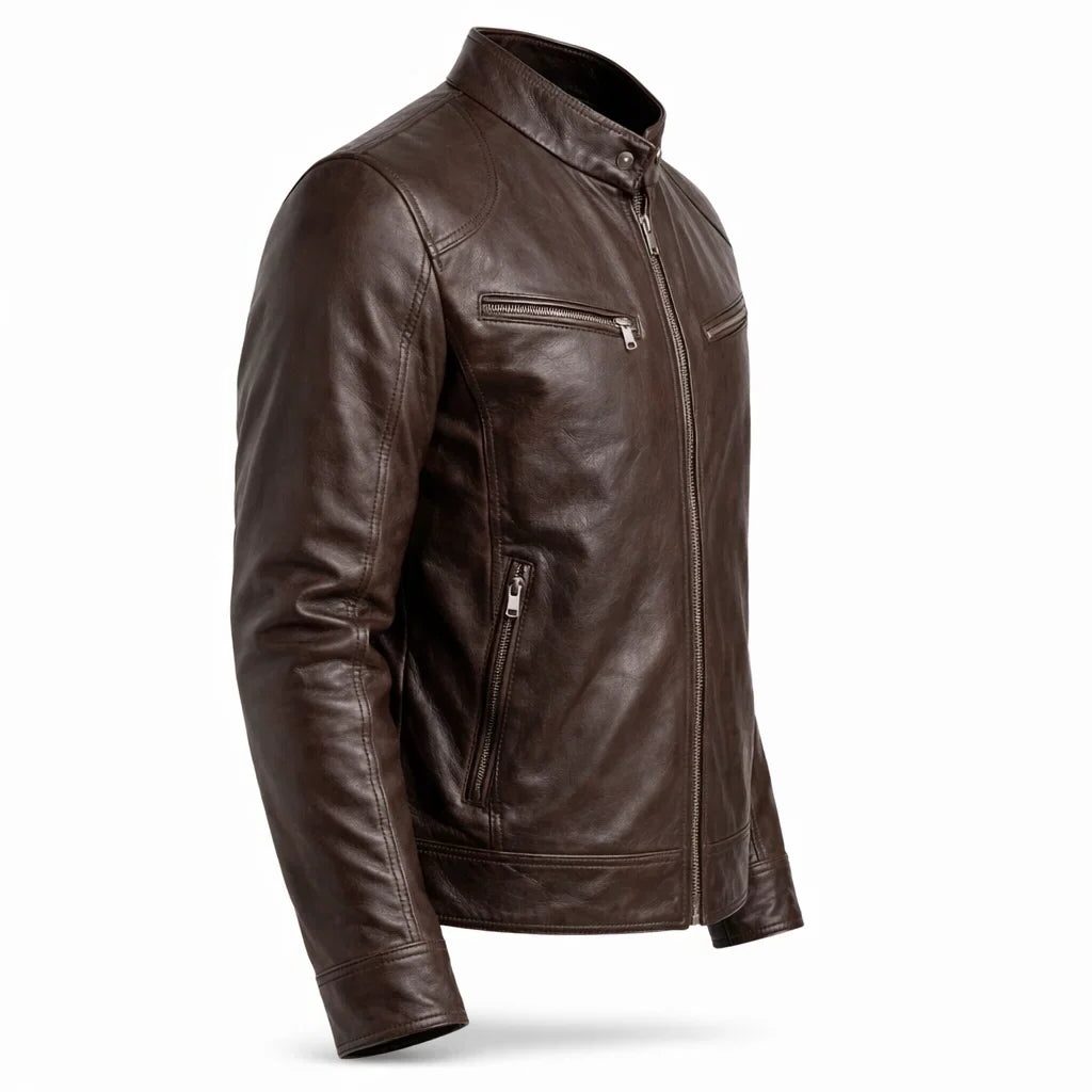 Slim Fit Stand Collar Biker Leather Jacket with Zip Pockets for Men - View 18
