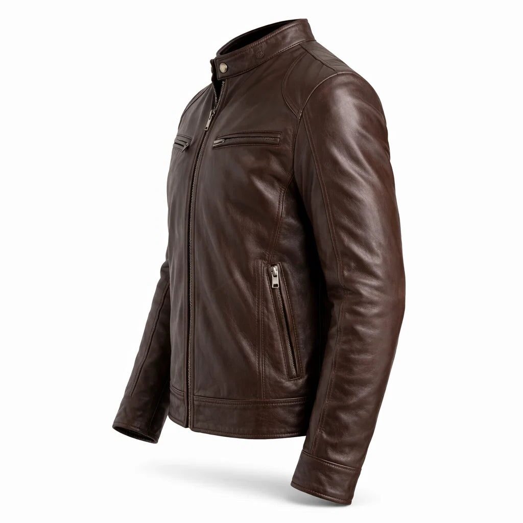 Slim Fit Stand Collar Biker Leather Jacket with Zip Pockets for Men - View 19