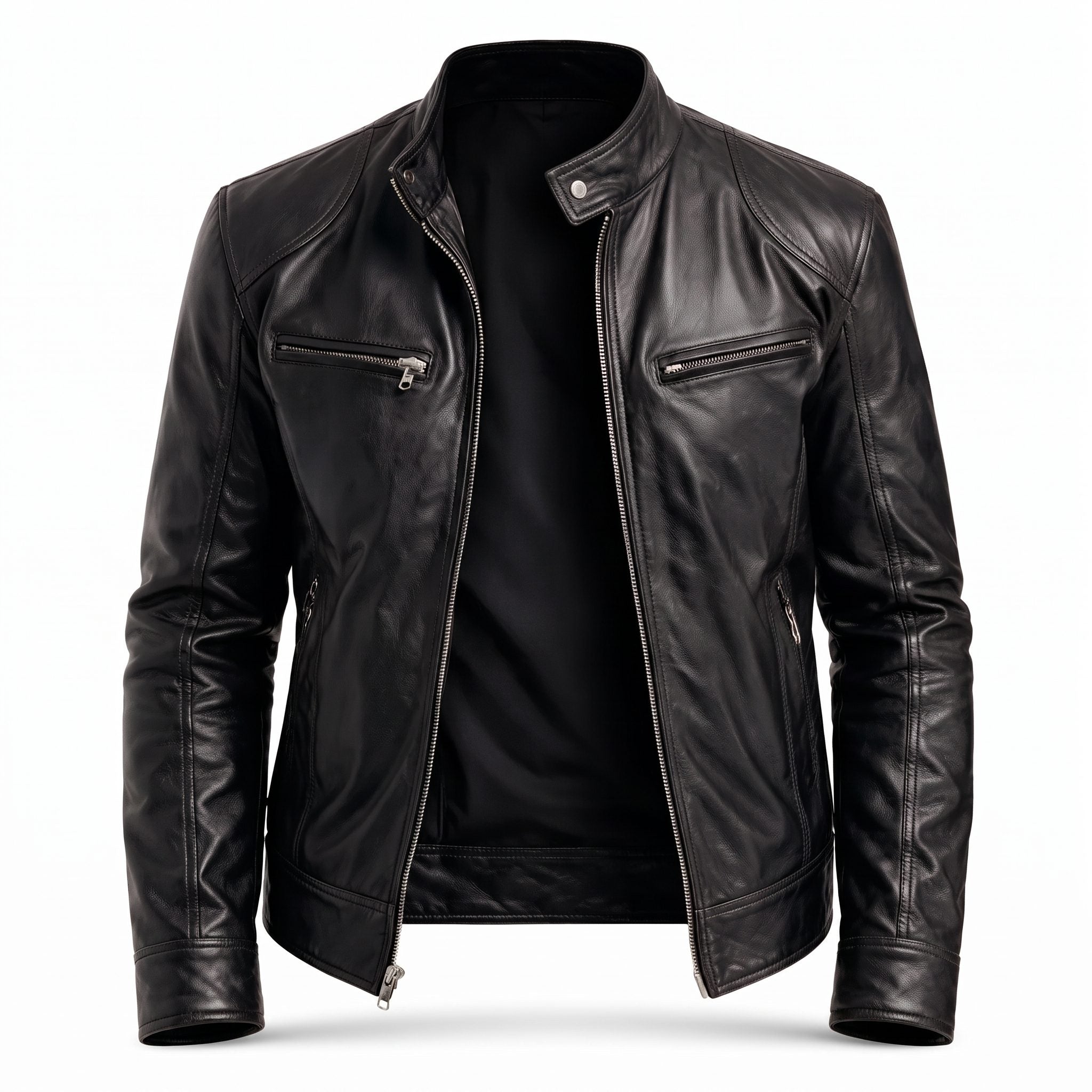 Slim Fit Stand Collar Biker Leather Jacket with Zip Pockets for Men - Black
