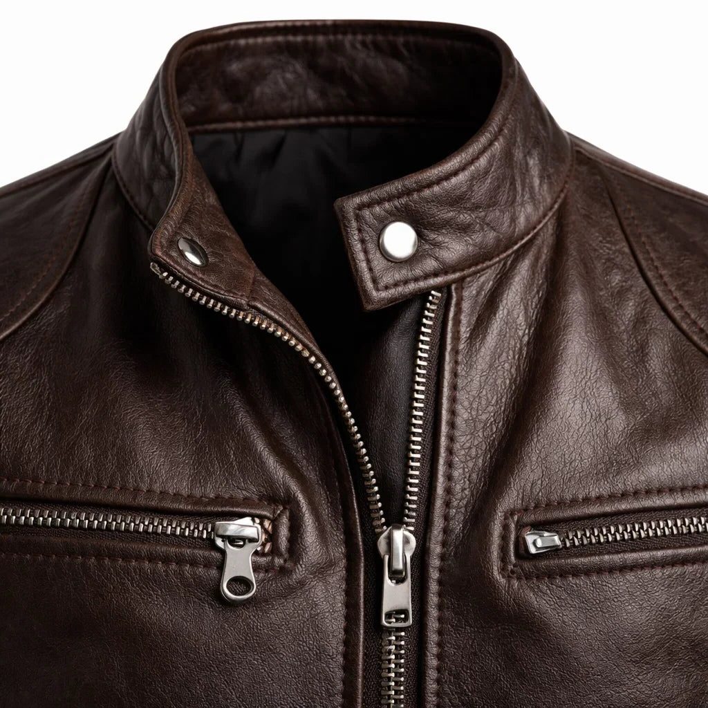 Slim Fit Stand Collar Biker Leather Jacket with Zip Pockets for Men - View 20