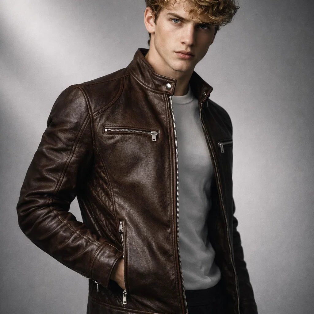 Slim Fit Stand Collar Biker Leather Jacket with Zip Pockets for Men - View 2