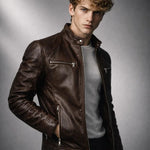Slim Fit Stand Collar Biker Leather Jacket with Zip Pockets for Men - View 2