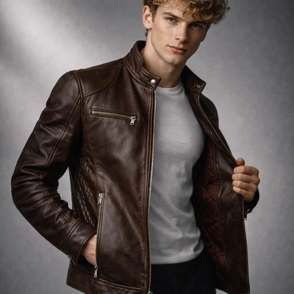 Slim Fit Stand Collar Biker Leather Jacket with Zip Pockets for Men - View 3