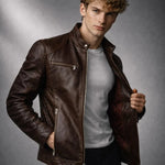 Slim Fit Stand Collar Biker Leather Jacket with Zip Pockets for Men - View 3